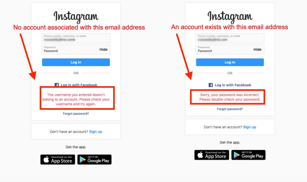 Screenshot of Instagram login page different messages.